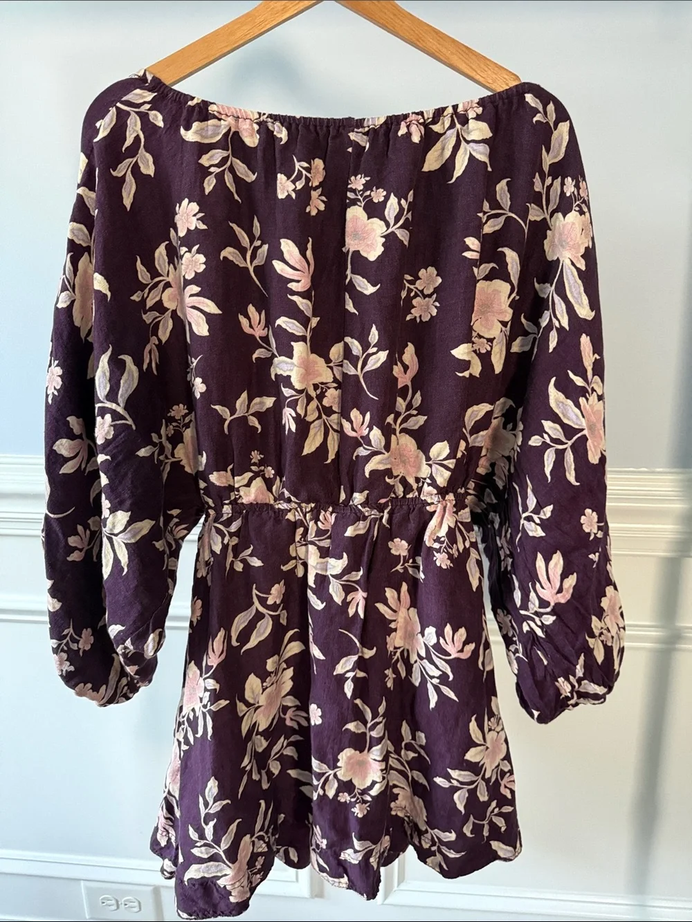 Free People Portia Balloon Sleeve Linen Mini Dress Mulberry Black Cherry S Small